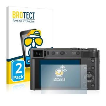 Vorderseite einer Produktverpackung mit dem Markenlogo BROTECT. Daneben ist das Gerät Panasonic Lumix DC-TZ200 mit dem zugehör