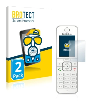 Vorderseite einer Produktverpackung mit dem Markenlogo BROTECT. Daneben ist das Gerät AVM Fritz!Fon C6 mit dem zugehörigen Dis