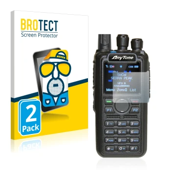 Vorderseite einer Produktverpackung mit dem Markenlogo BROTECT. Daneben ist das Gerät AnyTone AT-D878UV mit dem zugehörigen Di