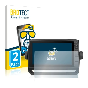 Vorderseite einer Produktverpackung mit dem Markenlogo BROTECT. Daneben ist das Gerät Garmin ECHOMAP UHD 92sv mit dem zugehöri