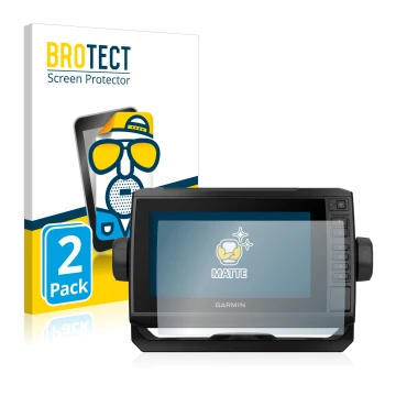 Vorderseite einer Produktverpackung mit dem Markenlogo BROTECT. Daneben ist das Gerät Garmin ECHOMAP UHD 72cv mit dem zugehöri