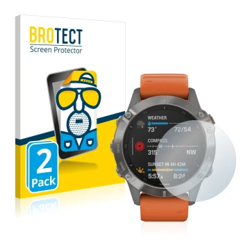 Vorderseite einer Produktverpackung mit dem Markenlogo BROTECT. Daneben ist das Gerät Garmin Fenix 6 mit dem zugehörigen Displ