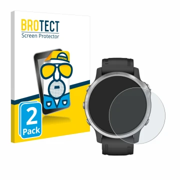 Vorderseite einer Produktverpackung mit dem Markenlogo BROTECT. Daneben ist das Gerät Garmin Fenix 6S mit dem zugehörigen Disp