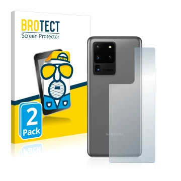 Vorderseite einer Produktverpackung mit dem Markenlogo BROTECT. Daneben ist das Gerät Samsung Galaxy S20 Ultra (Rückseite) mit