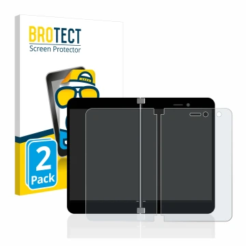 Vorderseite einer Produktverpackung mit dem Markenlogo BROTECT. Daneben ist das Gerät Microsoft Surface Duo mit dem zugehörige