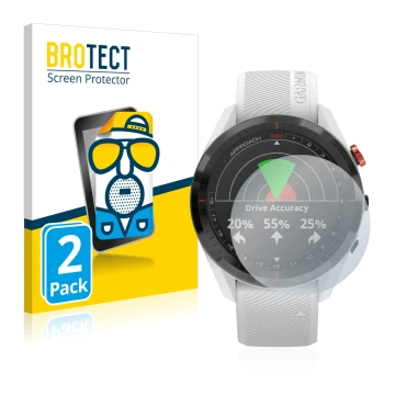 Vorderseite einer Produktverpackung mit dem Markenlogo BROTECT. Daneben ist das Gerät Garmin Approach S62 mit dem zugehörigen 