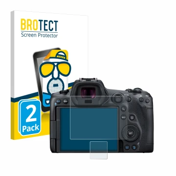 Vorderseite einer Produktverpackung mit dem Markenlogo BROTECT. Daneben ist das Gerät Canon EOS R5 mit dem zugehörigen Display