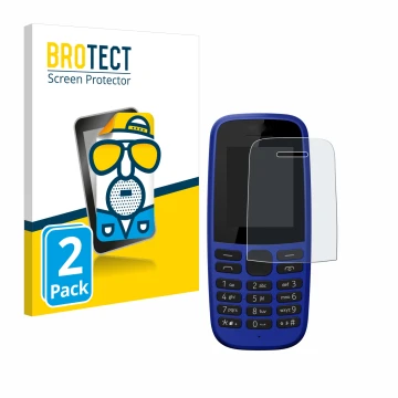 Vorderseite einer Produktverpackung mit dem Markenlogo BROTECT. Daneben ist das Gerät Nokia 105 DS 2019 mit dem zugehörigen Di
