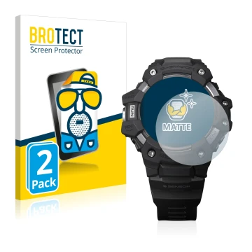 Vorderseite einer Produktverpackung mit dem Markenlogo BROTECT. Daneben ist das Gerät Casio G-Shock GBD-H1000 mit dem zugehöri