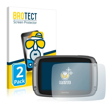 Vorderseite einer Produktverpackung mit dem Markenlogo BROTECT. Daneben ist das Gerät TomTom Rider 50 mit dem zugehörigen Disp
