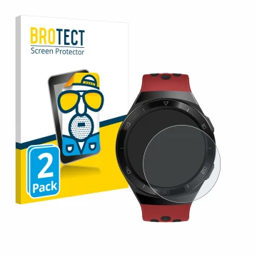 Vorderseite einer Produktverpackung mit dem Markenlogo BROTECT. Daneben ist das Gerät Huawei Watch GT 2e mit dem zugehörigen D