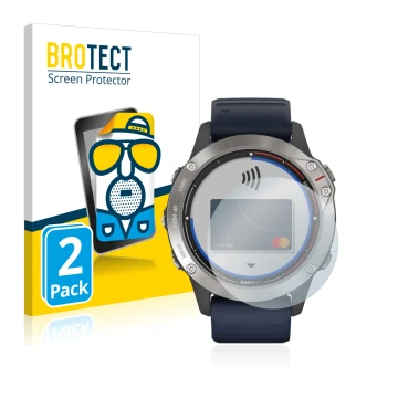 Vorderseite einer Produktverpackung mit dem Markenlogo BROTECT. Daneben ist das Gerät Garmin quatix 6 mit dem zugehörigen Disp