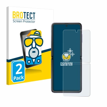 Vorderseite einer Produktverpackung mit dem Markenlogo BROTECT. Daneben ist das Gerät Samsung Galaxy Z Flip 5G mit dem zugehör