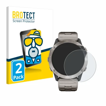 Vorderseite einer Produktverpackung mit dem Markenlogo BROTECT. Daneben ist das Gerät Garmin quatix 6x Solar mit dem zugehörig