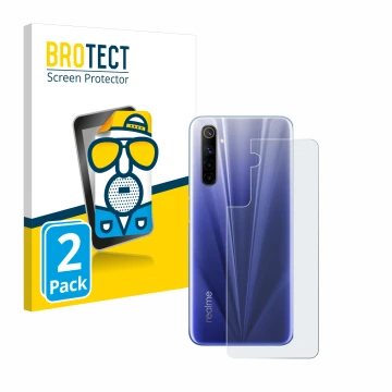 Vorderseite einer Produktverpackung mit dem Markenlogo BROTECT. Daneben ist das Gerät realme 6 (Rückseite) mit dem zugehörigen