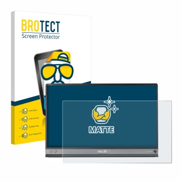 Vorderseite einer Produktverpackung mit dem Markenlogo BROTECT. Daneben ist das Gerät ASUS ZenScreen MB16AC mit dem zugehörige