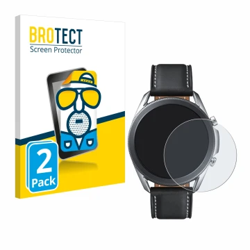 Vorderseite einer Produktverpackung mit dem Markenlogo BROTECT. Daneben ist das Gerät Samsung Galaxy Watch 3 (45mm) mit dem zu