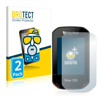 Vorderseite einer Produktverpackung mit dem Markenlogo BROTECT. Daneben ist das Gerät Bryton Rider 320 mit dem zugehörigen Dis
