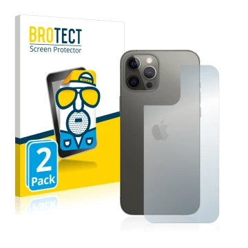 Vorderseite einer Produktverpackung mit dem Markenlogo BROTECT. Daneben ist das Gerät Apple iPhone 12 Pro Max (Rückseite) mit 