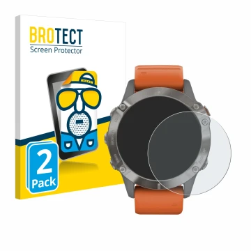 Vorderseite einer Produktverpackung mit dem Markenlogo BROTECT. Daneben ist das Gerät Garmin Fenix 6 Pro Solar mit dem zugehör