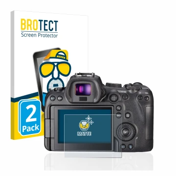 Vorderseite einer Produktverpackung mit dem Markenlogo BROTECT. Daneben ist das Gerät Canon EOS R6 mit dem zugehörigen Display