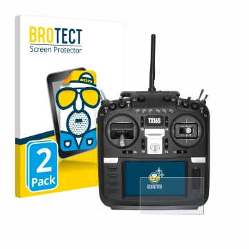 Vorderseite einer Produktverpackung mit dem Markenlogo BROTECT. Daneben ist das Gerät Radiomaster TX16S mit dem zugehörigen Di