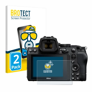 Vorderseite einer Produktverpackung mit dem Markenlogo BROTECT. Daneben ist das Gerät Nikon Z 5 mit dem zugehörigen Displaysch