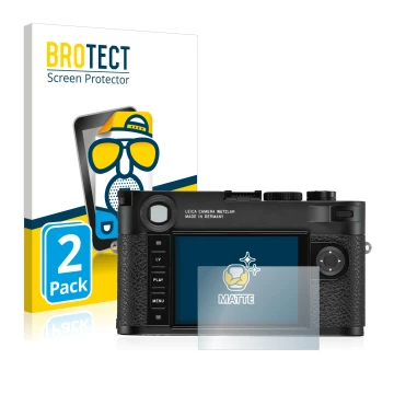 Vorderseite einer Produktverpackung mit dem Markenlogo BROTECT. Daneben ist das Gerät Leica M10-R mit dem zugehörigen Displays