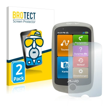 Vorderseite einer Produktverpackung mit dem Markenlogo BROTECT. Daneben ist das Gerät Mitac Mio Cyclo Discover mit dem zugehör