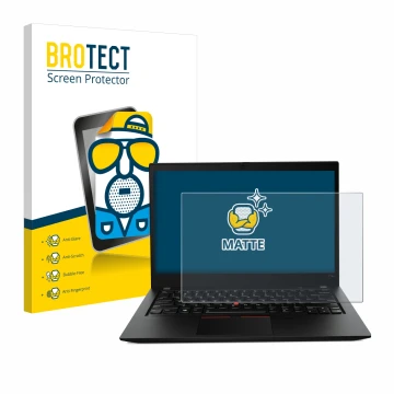 Vorderseite einer Produktverpackung mit dem Markenlogo BROTECT. Daneben ist das Gerät Lenovo ThinkPad T14s Gen 1 mit dem zugeh