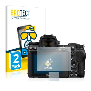 Vorderseite einer Produktverpackung mit dem Markenlogo BROTECT. Daneben ist das Gerät Nikon Z 7 II mit dem zugehörigen Display