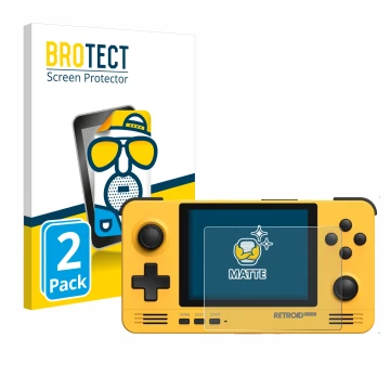 Vorderseite einer Produktverpackung mit dem Markenlogo BROTECT. Daneben ist das Gerät Retroid Pocket 2 mit dem zugehörigen Dis