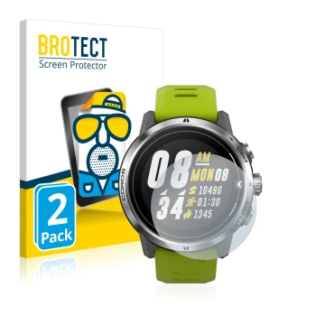 Vorderseite einer Produktverpackung mit dem Markenlogo BROTECT. Daneben ist das Gerät Coros Apex Pro mit dem zugehörigen Displ