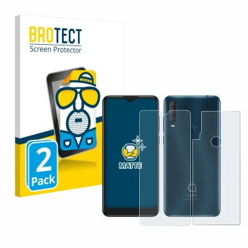 Vorderseite einer Produktverpackung mit dem Markenlogo BROTECT. Daneben ist das Gerät Alcatel 1S 2020 (Display+Rückseite) mit 
