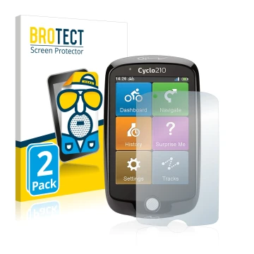 Vorderseite einer Produktverpackung mit dem Markenlogo BROTECT. Daneben ist das Gerät Mio Cyclo 210 mit dem zugehörigen Displa