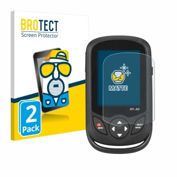 Vorderseite einer Produktverpackung mit dem Markenlogo BROTECT. Daneben ist das Gerät Hti HT A2 mit dem zugehörigen Displaysch