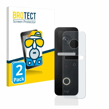Vorderseite einer Produktverpackung mit dem Markenlogo BROTECT. Daneben ist das Gerät Logitech Circle View Doorbell mit dem zu