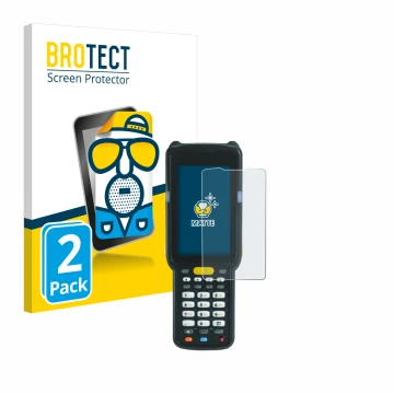 Vorderseite einer Produktverpackung mit dem Markenlogo BROTECT. Daneben ist das Gerät Zebra MC3300X mit dem zugehörigen Displa