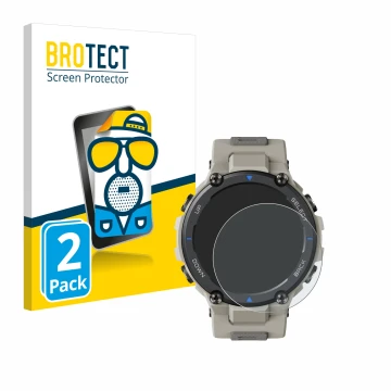 Vorderseite einer Produktverpackung mit dem Markenlogo BROTECT. Daneben ist das Gerät Huami Amazfit T-Rex Pro mit dem zugehöri