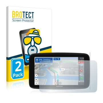 Vorderseite einer Produktverpackung mit dem Markenlogo BROTECT. Daneben ist das Gerät TomTom GO Discover 6