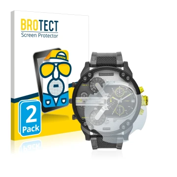 Vorderseite einer Produktverpackung mit dem Markenlogo BROTECT. Daneben ist das Gerät Diesel DZ7422 Mr. Daddy 2.0 mit dem zuge