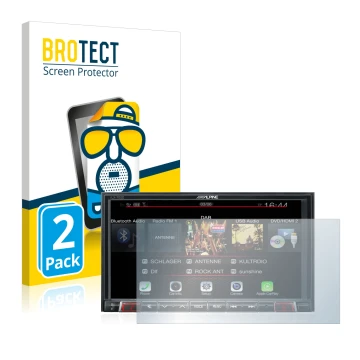 Vorderseite einer Produktverpackung mit dem Markenlogo BROTECT. Daneben ist das Gerät Alpine iLX-702D mit dem zugehörigen Disp