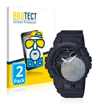 Vorderseite einer Produktverpackung mit dem Markenlogo BROTECT. Daneben ist das Gerät Casio G-Shock GBA800 mit dem zugehörigen