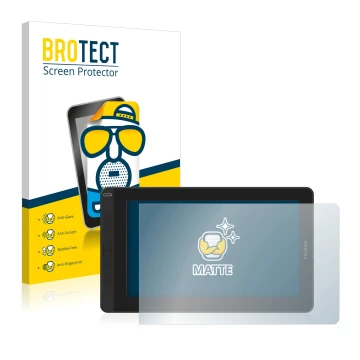 Vorderseite einer Produktverpackung mit dem Markenlogo BROTECT. Daneben ist das Gerät Huion Kamvas 13 mit dem zugehörigen Disp