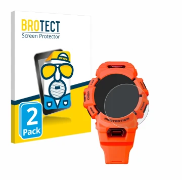 Vorderseite einer Produktverpackung mit dem Markenlogo BROTECT. Daneben ist das Gerät Casio G-Shock GBA-900 mit dem zugehörige