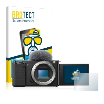 Vorderseite einer Produktverpackung mit dem Markenlogo BROTECT. Daneben ist das Gerät Sony Alpha ZV-E10 mit dem zugehörigen Di