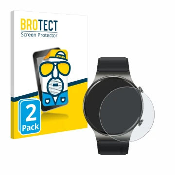Vorderseite einer Produktverpackung mit dem Markenlogo BROTECT. Daneben ist das Gerät Huawei Watch GT 2 Pro ECG mit dem zugehö