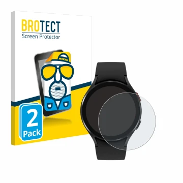Vorderseite einer Produktverpackung mit dem Markenlogo BROTECT. Daneben ist das Gerät Samsung Galaxy Watch 4 (44mm) mit dem zu