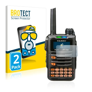 Vorderseite einer Produktverpackung mit dem Markenlogo BROTECT. Daneben ist das Gerät Yaesu FT-70DR mit dem zugehörigen Displa