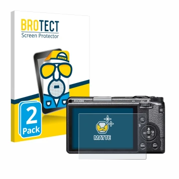 Vorderseite einer Produktverpackung mit dem Markenlogo BROTECT. Daneben ist das Gerät Ricoh GR IIIx mit dem zugehörigen Displa